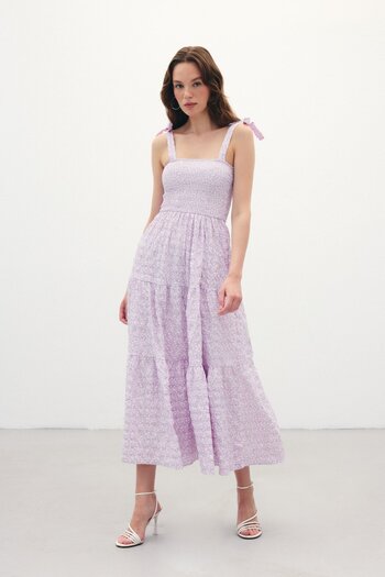 Sateen Patterned Long Dress - Lilac