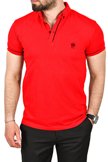 DeepSEA Men's Red Slim Fit Slim Fit Cotton Pique Fabric Polo Collar T-Shirt Breathable Non Curling Polo Collar