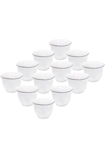 cc bin shihon 12pcs Arabic Coffee Cups Set Premium White Porcelain with Silver and Gold Rim 6.5cm Height