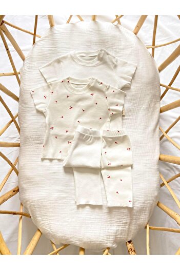 Zezig Cherry Pattern and Glitter White Color 2 Pieces Camisole Bottom-Top Set 100% Cotton