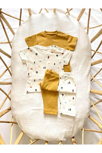 Zezig Town Pattern and Mustard Color 2 Pieces Camisole Bottom-Top Set 100% Cotton