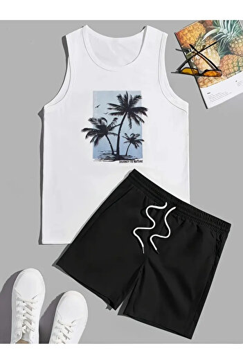 bellanova Tropical Printed Sleeveless Vest Top + Sports Shorts Two for Men