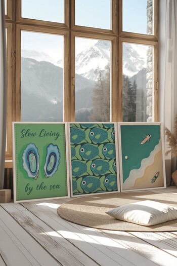 Postifull White Painting Set, 3 Pieces White Framed Poster Slow Living Model No:300852, Green Wall Decor