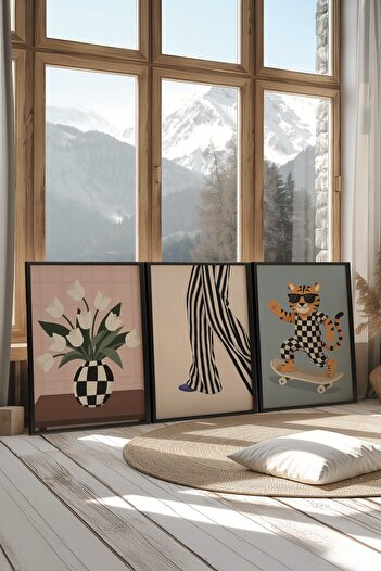 Postifull Black Painting Set, 3 Pieces Black Framed Poster Skater Cat Model No:300869, Multicolor Wall Decor