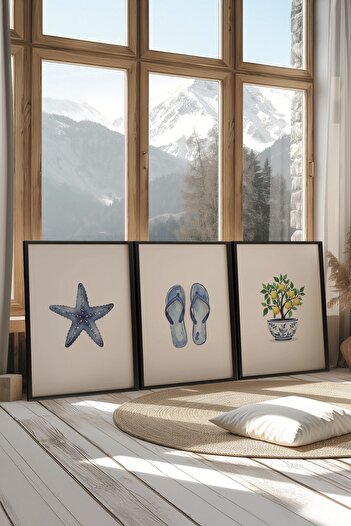 Postifull Black Painting Set, 3 Pieces Black Framed Poster Mini Summer Model No:300857, Blue Wall Decor