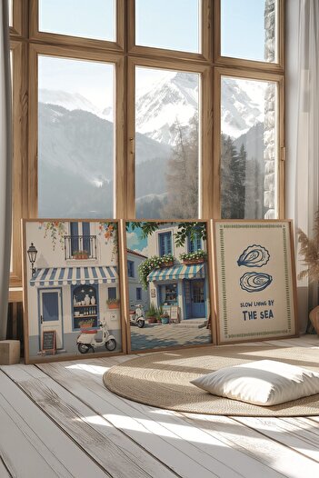 Postifull Wooden Painting Set, 3 Pieces Wooden Framed Poster Slow Living by the Sea Model No:300860, Wall Decoration