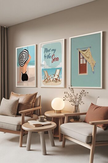 Postifull White Painting Set, 3 Pieces White Framed Poster by the Sea Model No:300862, Blue Wall Decor