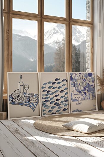 Postifull White Painting Set, 3 Pieces White Framed Poster Minimal Blue Model No:300853, Blue Wall Decor
