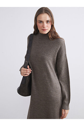 LC Waikiki Brown Stand Collar Knitwear Dress