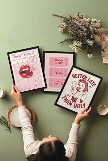 Postifull Siyah Tablo Seti, 3 Adet Siyah Çerçeveli Poster Preppy Model No:300821, Duvar Dekoru