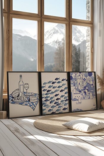 Postifull Black Painting Set, 3 Pieces Black Framed Poster Minimal Blue Model No:300853, Blue Wall Decor