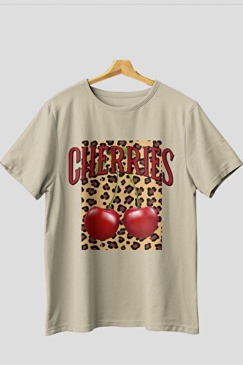 Ankhises Cherry Cherries 6 Μπροστινό εμπριμέ μπλουζάκι Oversize Ανδρικό Γυναικείο Βαμβακερό μπλουζάκι με λαιμόκοψη