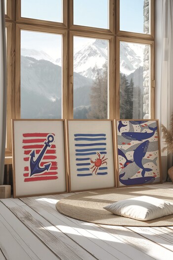 Postifull Wooden Painting Set, 3 Pieces Wooden Framed Poster Blue Whale Model No:300851, Blue Wall Decor