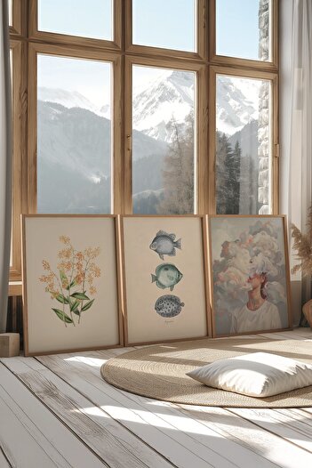 Postifull Wooden Painting Set, 3 Pieces Wooden Framed Poster Cloudy Head Model No:300865, White Wall Decor