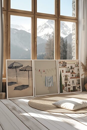 Postifull White Painting Set, 3 Pieces White Framed Poster Home Model No:300861, Brown Wall Decor