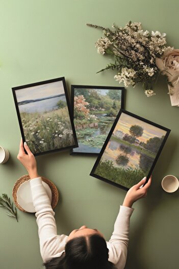 Postifull Siyah Tablo Seti, 3 Adet Siyah Çerçeveli Poster Spring View Model No:300873, Multicolor Duvar Dekoru