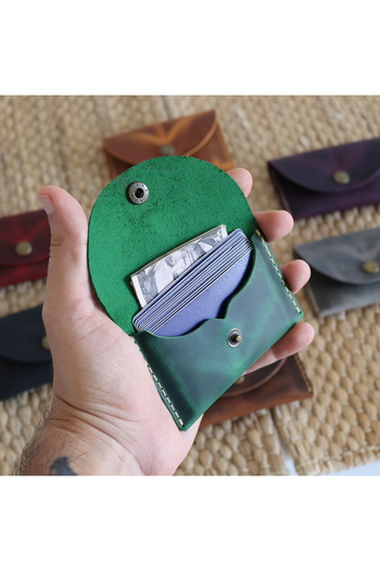 Derici Amca Handmade Leather Card Holder Wallet - Antique Snap Fastener Minimal Card Holder Wallet