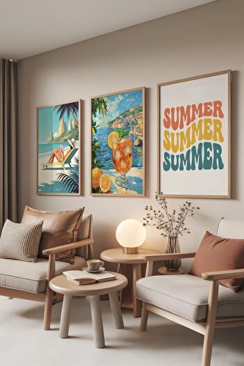 Postifull Wooden Painting Set, 3 Pieces Wooden Framed Poster Summer Model No:300854, Multicolor Wall Decor