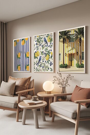 Postifull White Painting Set, 3 Pieces White Framed Poster Yellow Building Model No:300858, Yellow Wall Decor