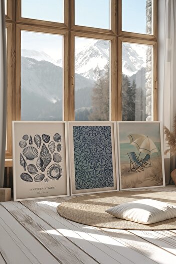 Postifull White Painting Set, 3 Pieces White Framed Poster Chairs on the Beach Model No:300876, Wall Decor