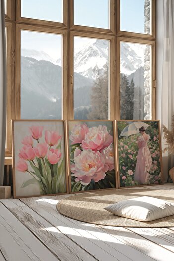 Postifull Wooden Painting Set, 3 Pieces Wooden Framed Poster Pinky Flower Model No:300894, Pink Wall Decor