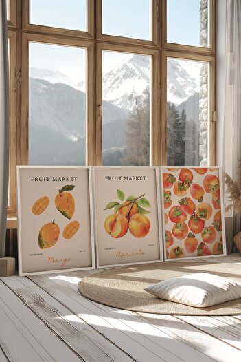 Postifull White Painting Set, 3 Pieces White Framed Poster Fruit Market Model No:300881, Orange Wall Decor