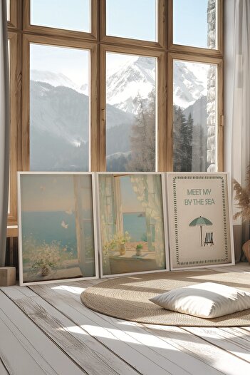 Postifull White Painting Set, 3 Pieces White Framed Poster by the Sea Model No:300889, Blue Wall Decor