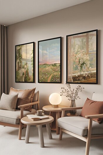 Postifull Black Painting Set, 3 Pieces Black Framed Poster Roses Blanches Model No:300878, Green Wall Decor