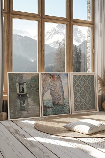 Postifull White Painting Set, 3 Pieces White Framed Poster River Model No:300874, Blue Wall Decor