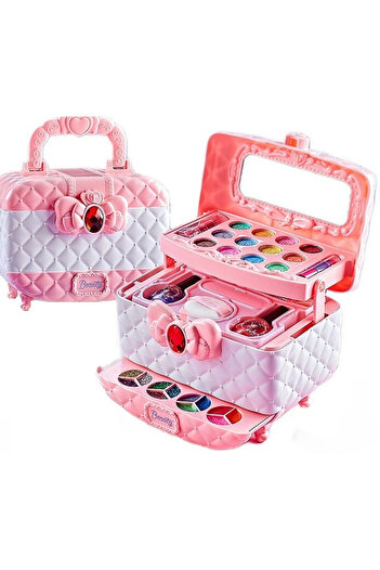 WePro Store Dětská make-up sada rubínovo-růžová mašlička, třpytivý pudr, 2 rtěnky, 12 očních stínů, lak na nehty, netoxické