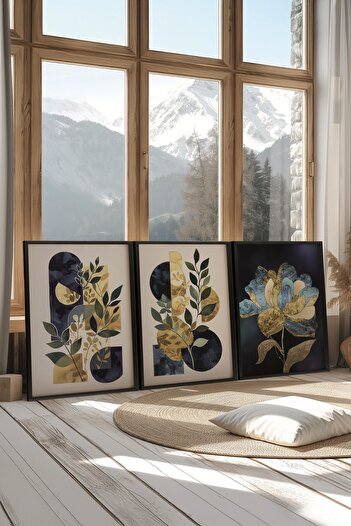 Postifull Black Painting Set, 3 Pieces Black Framed Poster Dance of Blue&Gold Model No:300883, Wall Decoration