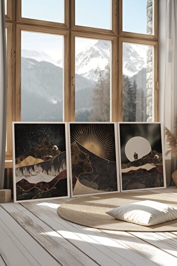 Postifull White Painting Set, 3 Pieces White Framed Poster Moon Love Model No:300885, Brown Wall Decor