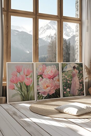 Postifull White Painting Set, 3 Pieces White Framed Poster Pinky Flower Model No:300894, Pink Wall Decor