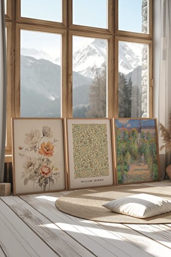 Postifull Wooden Painting Set, 3 Pieces Wooden Framed Poster Monet-Morris Model No:300886, Colorful Wall Decor