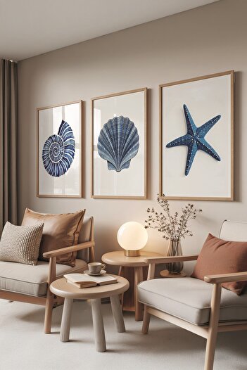 Postifull Wooden Painting Set, 3 Pieces Wooden Framed Poster Seashells Model No:300890, Blue Wall Decor