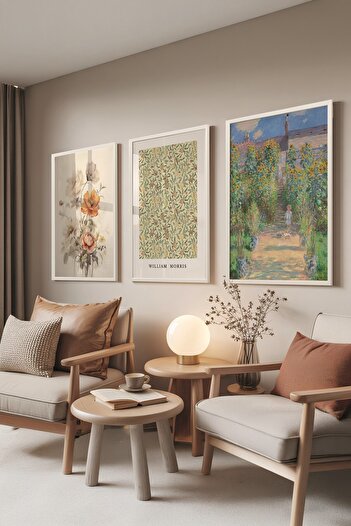 Postifull White Painting Set, 3 Pieces White Framed Poster Monet-Morris Model No:300886, Colorful Wall Decor