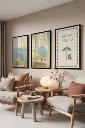 Postifull Black Painting Set, 3 Pieces Black Framed Poster by the Sea Model No:300889, Blue Wall Decor