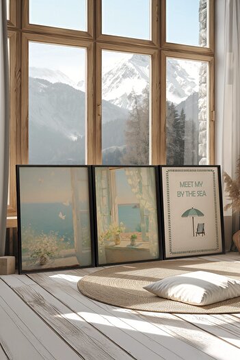 Postifull Black Painting Set, 3 Pieces Black Framed Poster by the Sea Model No:300889, Blue Wall Decor