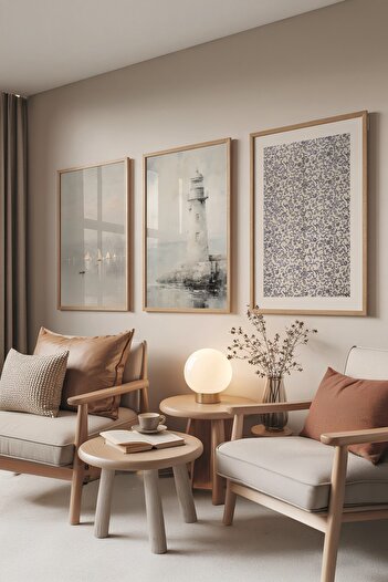 Postifull Wooden Painting Set, 3 Pieces Wooden Framed Poster Land Model No:300891, Gray and Blue Wall Decoration