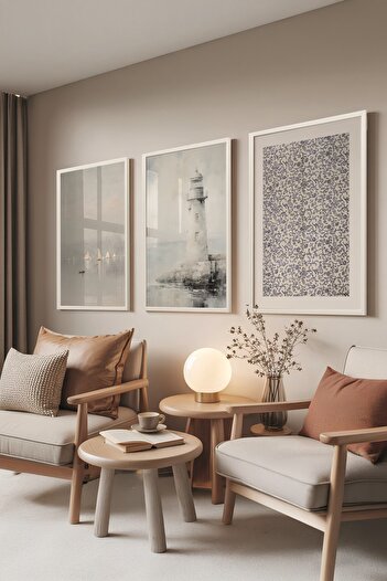 Postifull White Painting Set, 3 Pieces White Framed Poster Land Model No:300891, Gray and Blue Wall Decor