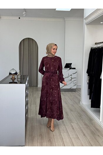 MissWhence Eteği Fermuarlı Cupra Elbise Bordo 36826