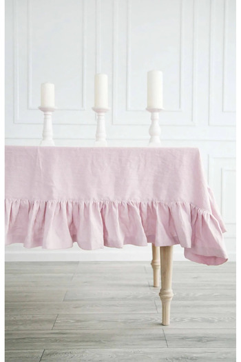 Sister Home Design Açık Pembe Vintage Keten Fırfırlı Masa Örtüsü Dayanıklı Pamuk Keten