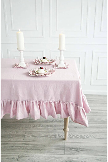 Sister Home Design Açık Pembe Vintage Keten Fırfırlı Masa Örtüsü Dayanıklı Pamuk Keten