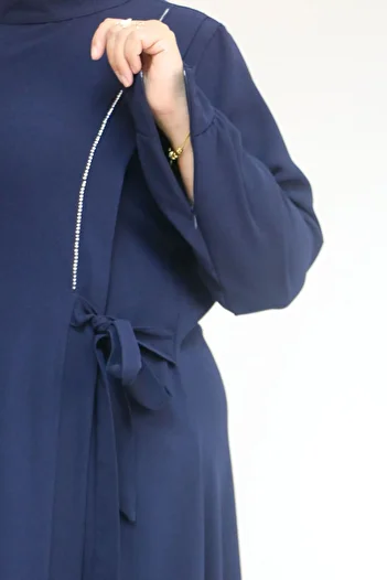 Eslina 52015 Plus Size Crepe Dress with Stone Detail - Navy Blue