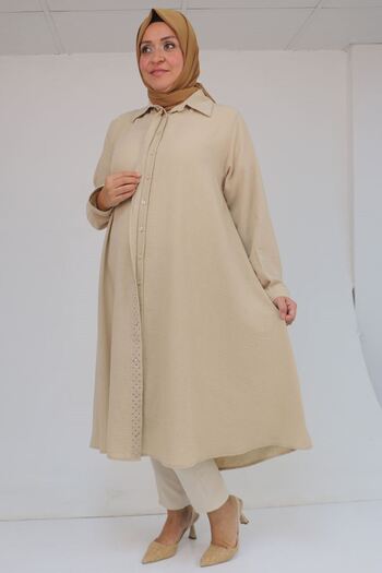 Eslina 58087 Large Size Stone Print Detailed Linen Mevlana Tunic - Beige