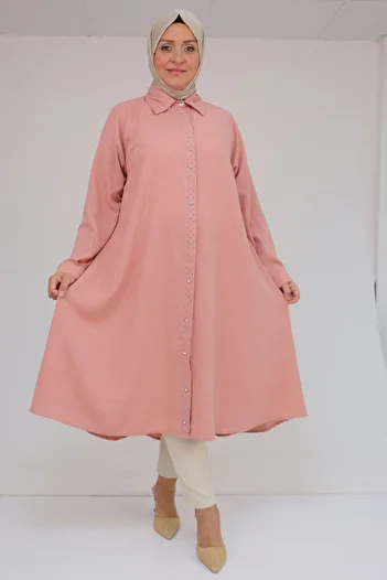 Eslina 58087 Large Size Stone Print Detailed Linen Mevlana Tunic - Powder