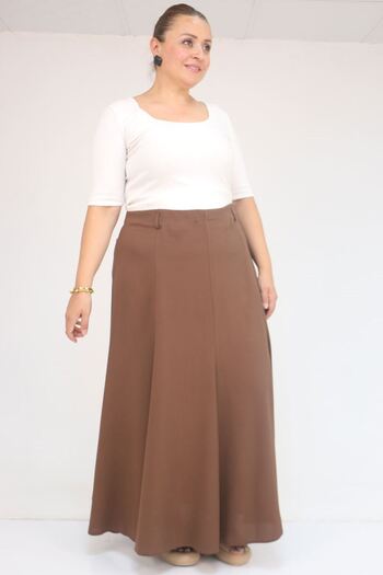 Eslina 55002 Plus Size Belted Side Zipper Skirt - Brown