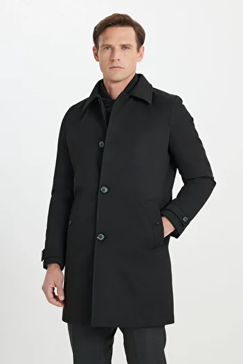 ALTINYILDIZ CLASSICS Men's Black Standard Fit Regular Fit Shirt Collar Buttoned Side Pocket Coat