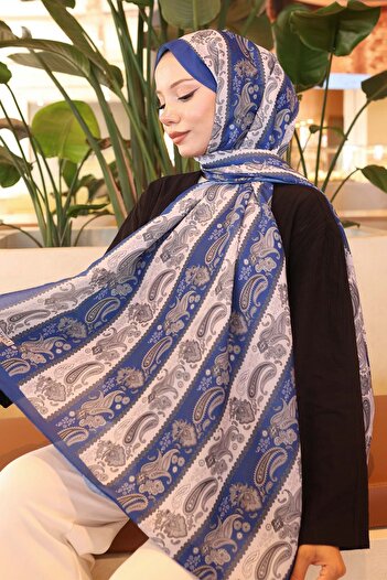benguen Ethnic Patterned Shawl Saks Blue İpk115