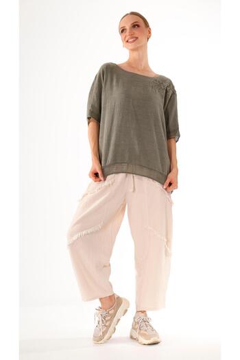 shE tekstil Shoulder Sequined Floral Linen Blouse